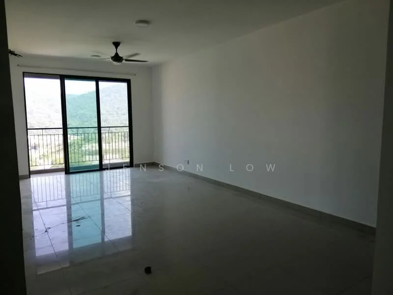 Living features: white painted walls, polished ceramic tile flooring, 5-blade ceiling fan, floor-to-ceiling windows, sliding glass door, mountain view, balcony access; style: modern; view: mountain.