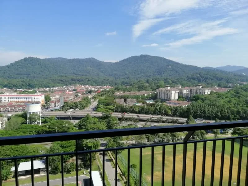Exterior type: high-rise condominium; features: balcony with railing, view of mountains, view of residential area, view of green fields, surrounding greenery, urban landscape, clear blue sky; style: modern.