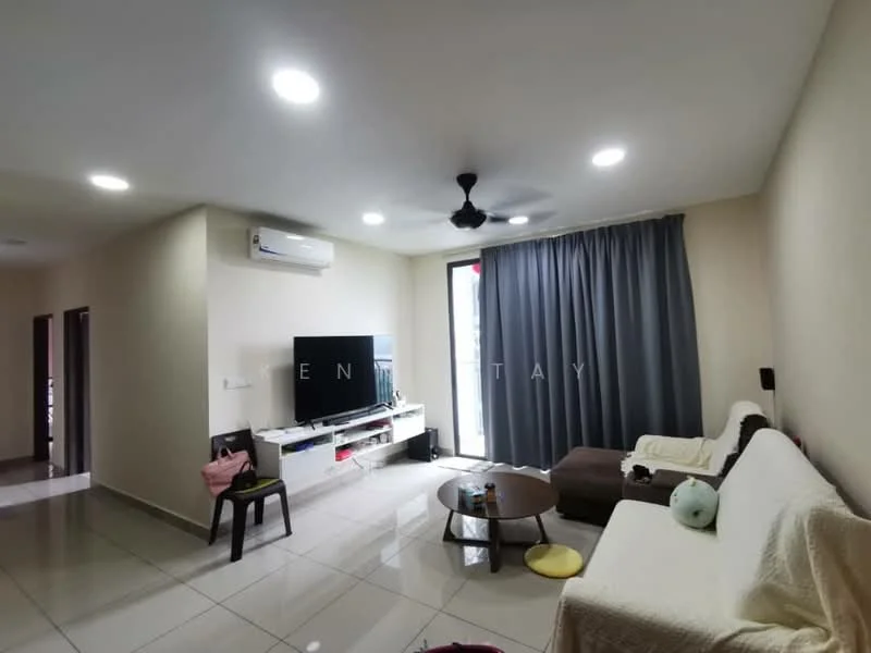 Living features: white painted walls, glossy ceramic tile flooring, 5-blade ceiling fan with light, recessed LED downlights, wall-mounted TV, white TV console, sofa with throw blanket, coffee table, curtains, sliding glass door; style: modern.
