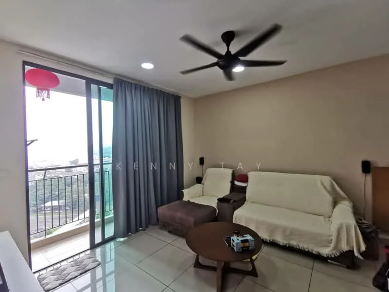 Living features: 2-seater fabric sofa in white, 3-seater fabric sofa in white, coffee table, floor-to-ceiling windows, sliding glass door, curtains, ceiling fan, tile flooring, decorative wall lamp, wall-mounted TV, area rug; style: modern; view: city.