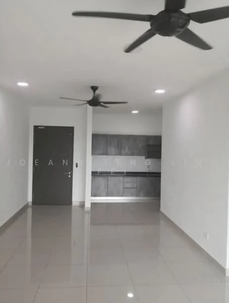 Living features: white painted walls, polished ceramic tile flooring, 2 ceiling fans, recessed LED downlights, open layout to kitchen, grey cabinetry in kitchen, door to hallway, no visible furniture; style: modern.