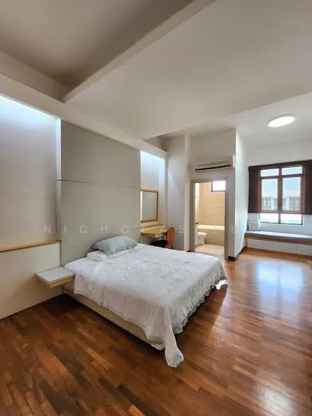 Bedroom features: queen-size bed, wooden flooring, white bedding, wall-mounted bedside tables, built-in wardrobe, large window with wooden frame, air conditioning unit, recessed ceiling light, decorative mirror, neutral wall color; style: modern. Bathroom features: tile flooring, white tiled walls, shower area, toilet, sink with mirror.