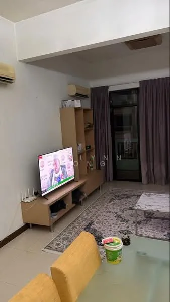Living features: wall-mounted TV, TV console, glass coffee table, area rug, sofa with yellow upholstery, curtains, floor-to-ceiling windows, wall-mounted split AC; style: modern.
