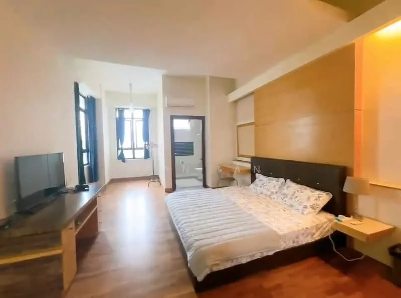 Bedroom features: king-size bed with white bedding, wooden flooring, wall-mounted TV, wooden TV console, two bedside lamps, large windows with sheer curtains, air conditioning unit, wood panel accent wall, built-in wardrobe, light-colored walls, recessed lighting; style: modern.