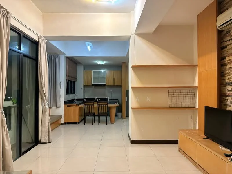 Living features: white painted walls, tile flooring, 5-blade ceiling fan with light, floor-to-ceiling windows, sliding glass door, curtains, built-in shelving, wooden cabinetry, dining table with chairs, TV console, wall-mounted TV; style: modern. Kitchen features: wooden cabinetry, stainless-steel sink, built-in oven, freestanding range oven, refrigerator, countertop, tile backsplash; style: modern.