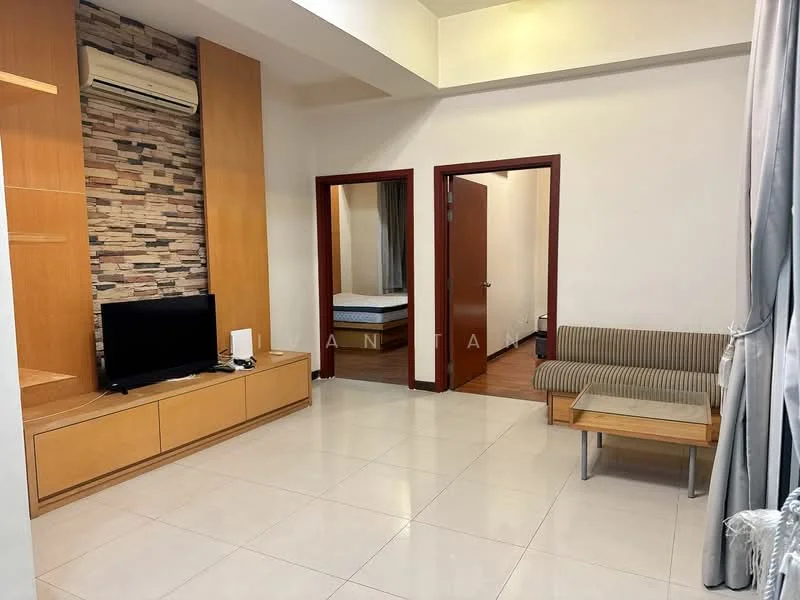 Living features: cream painted walls, light-colored tiled flooring, built-in wooden TV console, stone feature wall, wall-mounted TV, 1 wall-mounted split AC, sofa with fabric upholstery, coffee table with glass top, curtains, recessed ceiling lights; style: modern. Room features: wooden door, laminate flooring, unknown room visible through doorway.