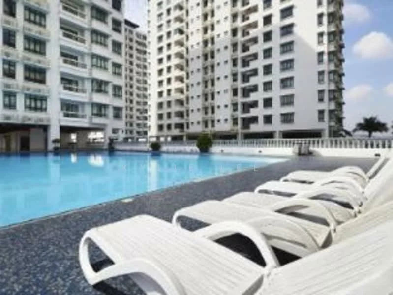 Exterior type: high-rise condominium; features: infinity pool, pool deck with loungers, glass curtain wall facade, white painted facade, surrounded by landscaped gardens, multiple storeys, balconies on upper floors; style: modern.