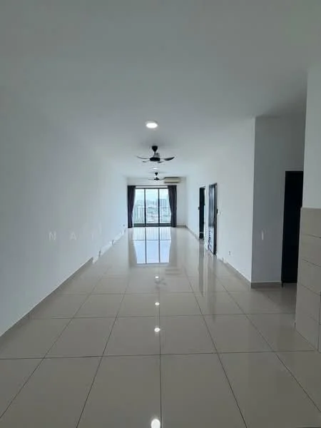 Room features: white painted walls, glossy ceramic tile flooring, 5-blade ceiling fan with light, floor-to-ceiling windows, sliding glass door, curtains, recessed downlights, open layout; style: modern; view: city.