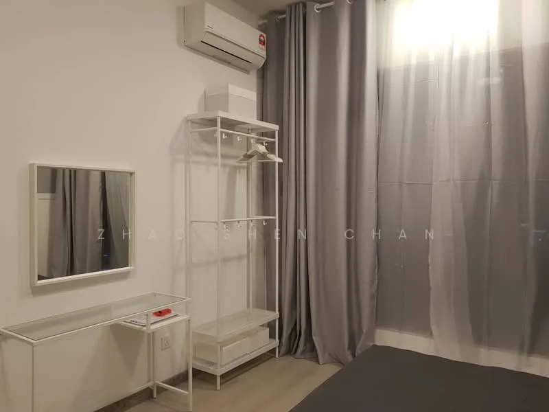Bedroom features: light grey curtains, white walls, wooden flooring, wall-mounted split AC, mirror on white console table, white clothing rack, bed with dark bedding, recessed lighting; style: modern.