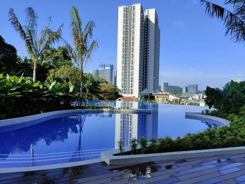 Exterior type: high-rise condominium; features: infinity pool, pool deck with loungers, tropical landscaping, palm trees, manicured lawn, city skyline in background; style: modern.
