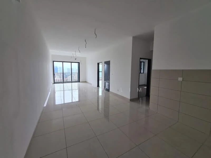 Room features: white painted walls, glossy beige tile flooring, floor-to-ceiling windows, sliding glass door, recessed downlights, hanging light fixtures, open layout, city view; style: modern; view: city.