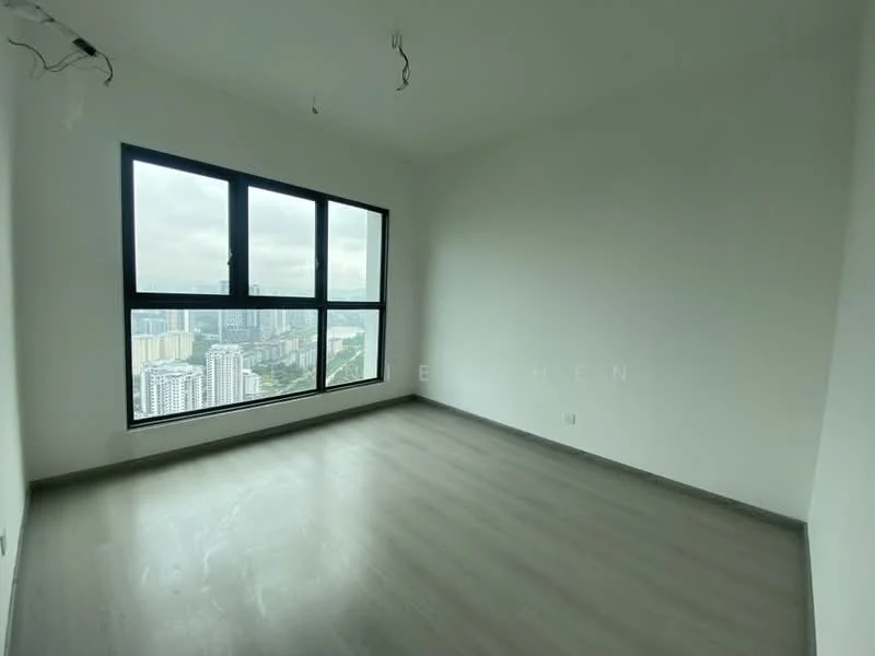 Room features: large floor-to-ceiling windows, grey laminate flooring, white painted walls, no visible ceiling fixtures, city skyline view; style: modern; view: city.