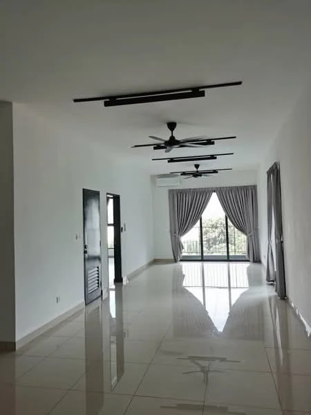 Living features: white painted walls, glossy ceramic tile flooring, 5-blade ceiling fans with integrated LED lights, floor-to-ceiling windows, sheer curtains, sliding glass door, recessed downlights, open layout, natural light, view of greenery; style: modern; view: garden.