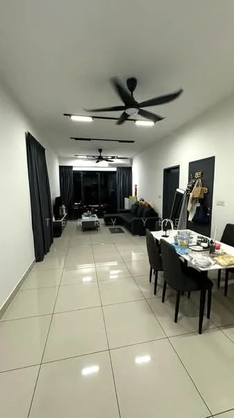 Living features: white painted walls, glossy ceramic tile flooring, 5-blade ceiling fan with light, 2 ceiling fans, floor-to-ceiling windows, black dining table with 4 chairs, sofa, black curtains, wall-mounted TV, decorative wall panel, open layout; style: modern; view: city.