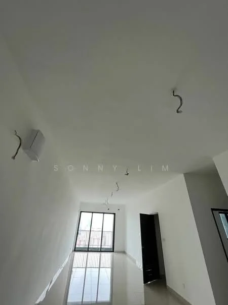 Room features: white painted walls, polished ceramic tile flooring, flat ceiling, recessed downlights, floor-to-ceiling windows, sliding glass door, balcony access, black door, mirror on wall; style: modern.