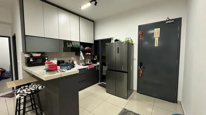 Kitchen features: black and white cabinetry, stainless-steel fridge, built-in oven, ceramic tile flooring, countertop with breakfast bar, sink with faucet, wall-mounted cabinets, open shelving, kitchen utensils and appliances on countertop, grey door, recessed lighting; style: modern.