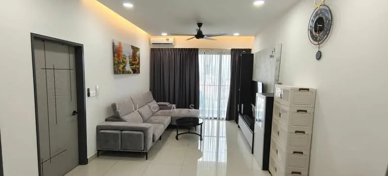 Living features: grey fabric L-shape sectional sofa, round coffee table, wall-mounted TV, TV console, floor-to-ceiling windows, sheer curtains, blackout curtains, 5-blade ceiling fan with light, recessed LED downlights, white painted walls, glossy tile flooring, decorative wall art; style: modern; view: city.