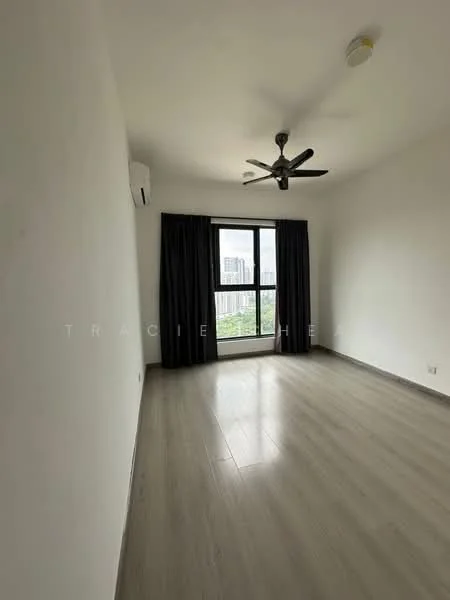 Room features: light wood laminate flooring, white painted walls, 5-blade ceiling fan with light, floor-to-ceiling window, blackout curtains, air conditioning unit, green view from window; style: modern; view: garden.