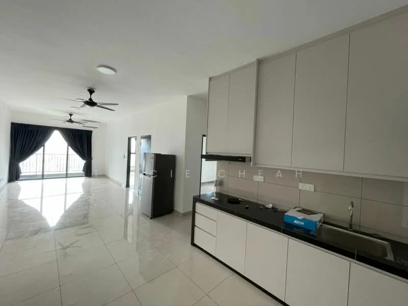 Living features: marble tile flooring, white painted walls, 5-blade ceiling fan with light, floor-to-ceiling windows, sliding glass door, dark blue curtains, recessed downlights, kitchenette with countertop, stainless-steel sink, built-in cabinetry, refrigerator; style: modern; view: city.