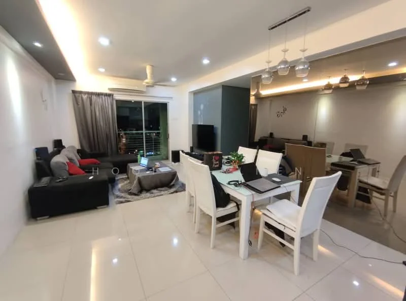 Living features: 3-seater black leather sofa, 2-seater black leather sofa, area rug, floor-to-ceiling windows, curtains, ceiling fan with light, wall-mounted TV, TV console, decorative wall art, recessed downlights, white painted walls, polished tile flooring; style: modern; view: city. Dining features: 6-seater white dining table, upholstered dining chairs, decorative centerpiece, laptop on table, white painted walls, recessed downlights, polished tile flooring; style: modern.