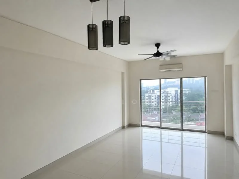 Living features: white painted walls, polished ceramic tile flooring, 5-blade ceiling fan with light, 3 pendant lights, floor-to-ceiling windows, sliding glass door, air conditioning unit, city view; style: modern; view: city.
