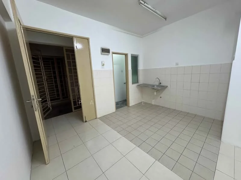 Room features: white painted walls, tile flooring, single-bowl stainless-steel sink, wall-mounted faucet, light fixture on ceiling, door leading to another room, door leading to bathroom, window, countertop, neutral color scheme; style: minimalist.
