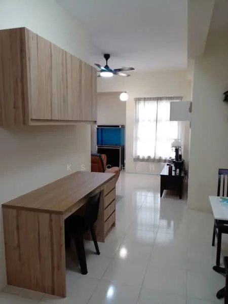 Living features: light-colored walls, glossy tile flooring, ceiling fan with light, wooden desk with drawers, black chair, TV console, sofa, large window with sheer curtains, decorative lamp, dining table with chairs; style: modern.
