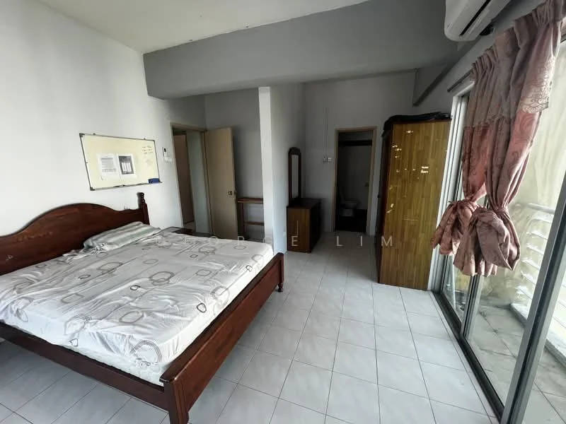 Bedroom features: queen-size bed, white bedding with circular pattern, wooden bed frame, floor-to-ceiling windows, sliding glass door, curtains in light pink, wooden wardrobe, wooden dressing table, tile flooring, painted walls in light color, air conditioning unit; style: modern.