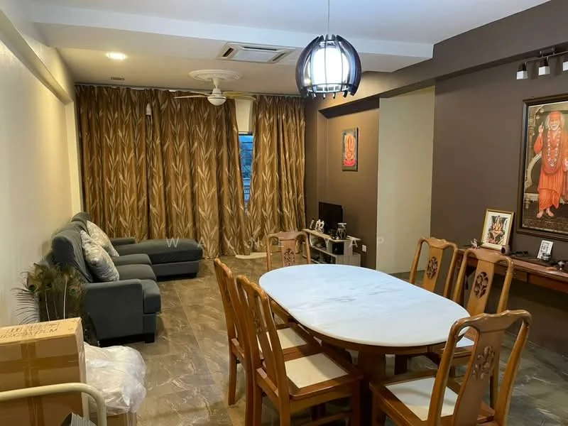 Living features: 3-seater fabric sofa in grey, wooden dining table with 6 chairs, decorative wall art, TV console, wall-mounted TV, curtains in gold color, ceiling fan, recessed lighting, marble flooring, decorative mirror, wooden side table; style: contemporary.