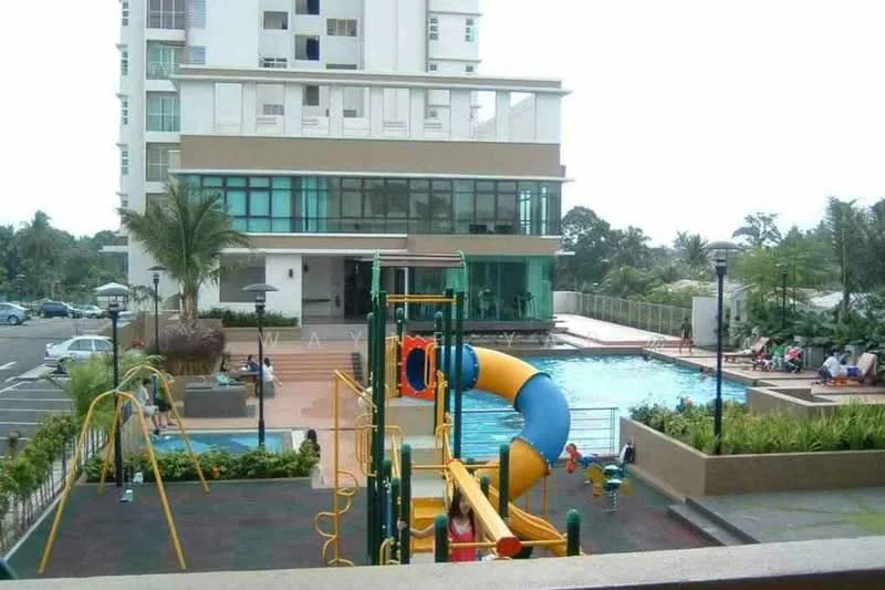 Exterior type: mid-rise condominium; features: swimming pool, children's playground with slide, manicured landscaping, palm trees, pool deck with loungers, parking lot, glass curtain wall, outdoor dining area; style: modern.