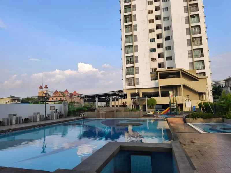 Exterior type: high-rise condominium; features: swimming pool, children's playground, pool deck with loungers, landscaped garden, manicured lawn, surrounded by mature greenery; style: modern.