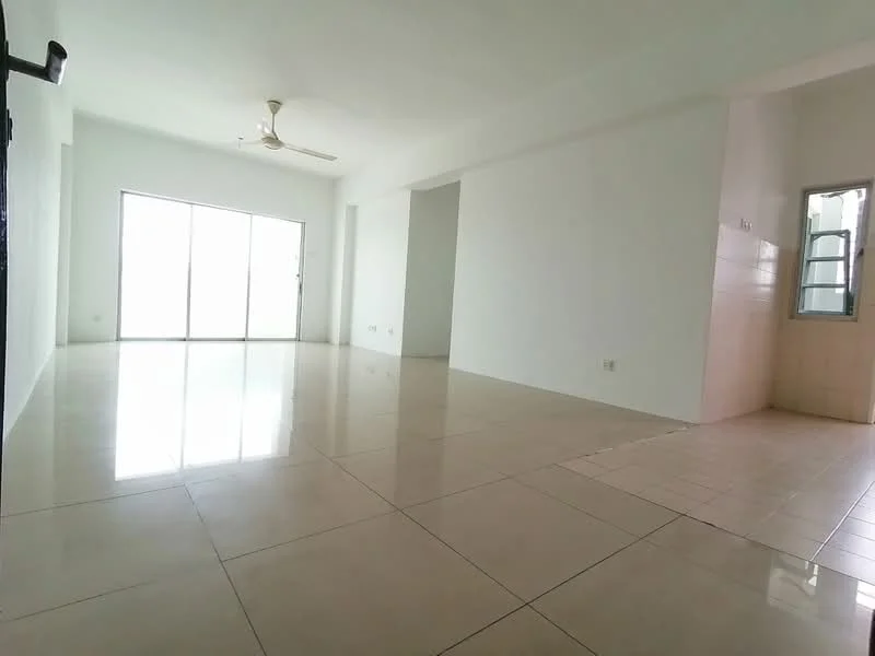 Living features: white painted walls, glossy ceramic tile flooring, 5-blade ceiling fan, floor-to-ceiling windows, sliding glass door, natural light from windows, open layout, neutral color scheme; style: modern. Room features: white painted walls, glossy ceramic tile flooring.