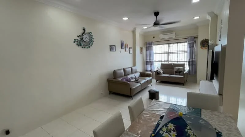 Living features: cream painted walls, white ceiling with recessed downlights, floor-to-ceiling windows with sheer curtains, 3-seater fabric sofa in beige, 2-seater fabric sofa in beige, coffee table, wall-mounted TV, decorative wall clock, area rug, ceiling fan; style: modern. Dining features: 6-seater dining table, tablecloth with floral pattern, decorative centerpiece; style: modern.