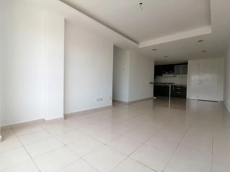 Living features: white painted walls, tile flooring, recessed downlights, open layout, kitchen area visible, neutral color scheme, large windows, no visible furniture; style: modern.