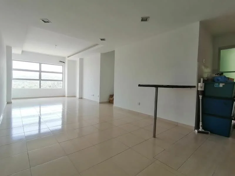 Room features: white painted walls, tile flooring, large windows, natural light, open layout, ceiling lights, corner view, minimalist design; style: modern; view: city.
