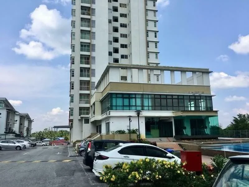 Exterior type: high-rise condominium; features: glass curtain wall, white painted facade, flat roof, approximately 10-storey high-rise, manicured landscaping, swimming pool deck, outdoor parking area, balconies on upper floors, large windows, entrance steps, surrounded by greenery; style: modern.
