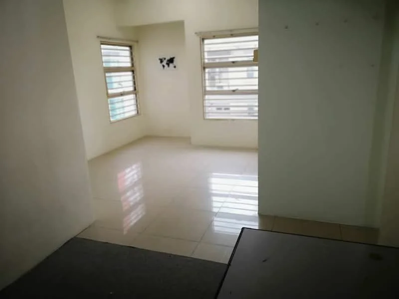 Room features: white painted walls, glossy tile flooring, two windows with horizontal blinds, natural light from windows, corner of a room visible, neutral color scheme, no visible furniture, clean and uncluttered space.