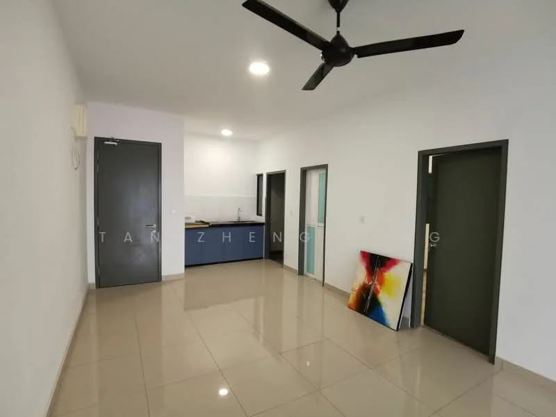 Room features: white painted walls, glossy ceramic tile flooring, 5-blade ceiling fan with light, kitchenette with blue cabinetry, countertop with sink, two doors leading to different rooms, artwork on the floor, recessed lighting; style: modern.