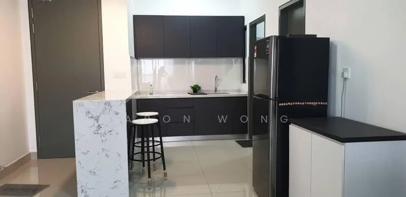 Kitchen features: black cabinetry, white marble countertop, single-bowl stainless-steel sink, chrome pull-down faucet, stainless-steel fridge, built-in oven, ceramic tile flooring, white backsplash, bar stools, open layout, wall-mounted cabinets, recessed downlights; style: modern.