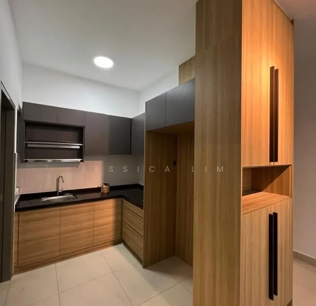 Kitchen features: black granite countertop, wood cabinetry in light brown, dark grey upper cabinets, stainless-steel single-bowl sink, chrome pull-down faucet, built-in shelving, tile flooring, recessed ceiling lights; style: modern.