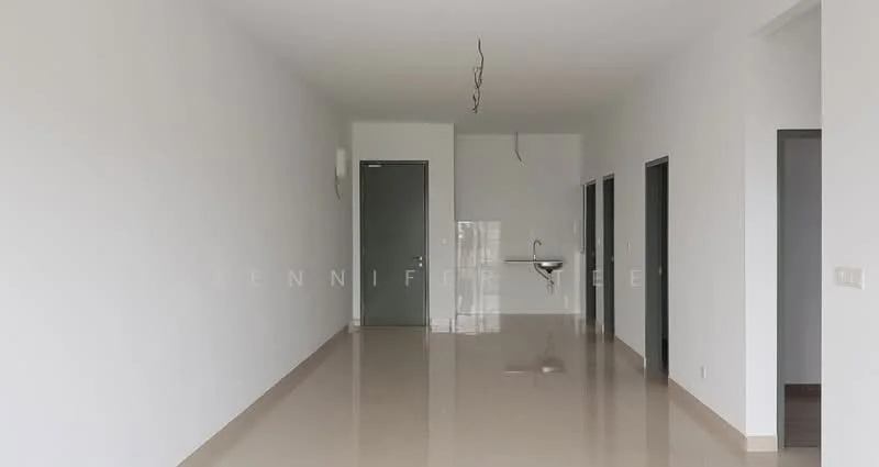 Room features: white painted walls, polished floor tiles, single door, kitchenette with sink, no visible appliances, no visible furniture, neutral color scheme, recessed ceiling lights; style: modern.
