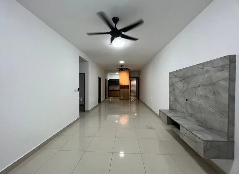 Living features: white painted walls, polished ceramic tile flooring, 5-blade ceiling fan with light, recessed downlights, wall-mounted TV console, grey stone feature wall, open layout, natural light from windows; style: modern.