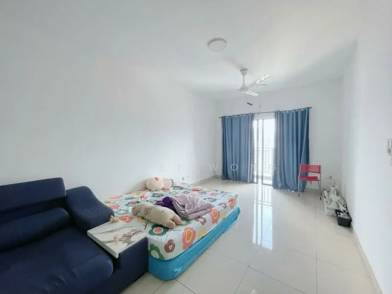 Bedroom features: white painted walls, glossy tile flooring, 5-blade ceiling fan, floor-to-ceiling windows, blue curtains, single bed with colorful bedding, sofa in dark blue fabric, small side table, chair in red plastic; style: modern; view: city.