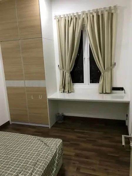 Bedroom features: wooden flooring, white painted walls, built-in wardrobe with wood finish, window with sheer curtains, desk with white surface, single bed, decorative wall, nightstand, light fixture; style: modern; view: city.