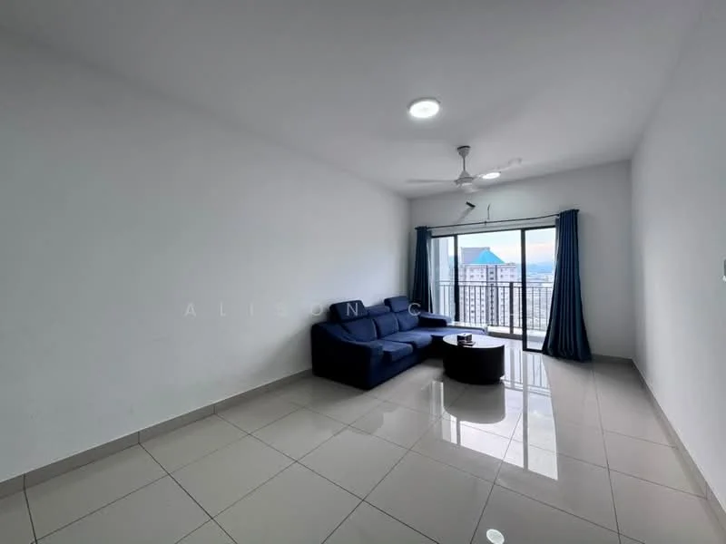 Living features: grey fabric sofa, coffee table, floor-to-ceiling windows, sliding glass door, white painted walls, glossy ceramic tile flooring, ceiling fan, blue curtains; style: modern; view: city.
