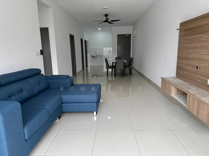 Living features: blue fabric sofa, coffee table, wall-mounted TV console, light-colored wall, glossy tile flooring, ceiling fan, dining table with chairs, open layout, neutral color scheme; style: modern.