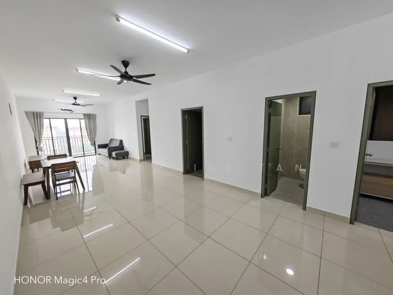 Living features: white painted walls, glossy ceramic tile flooring, 5-blade ceiling fan, recessed LED downlights, sliding glass door leading to balcony, curtains, dining table with chairs, sofa, open layout, natural light from windows; style: modern; view: city. Room features: white painted walls, doorways leading to other rooms, tile flooring.