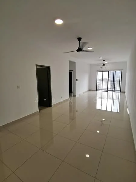 Living features: white painted walls, glossy ceramic tile flooring, 2 ceiling fans, large sliding glass door, floor-to-ceiling windows, natural light, neutral color scheme, open layout; style: modern; view: city.