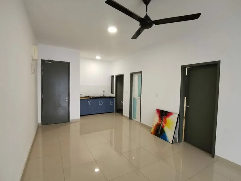 Living features: white painted walls, glossy ceramic tile flooring, 5-blade ceiling fan, recessed lighting, open layout, two doors leading to other rooms, kitchen area visible in background, decorative artwork on floor; style: modern. Kitchen features: blue cabinetry, white countertop, wall-mounted cabinets, sink, stainless-steel appliances visible, open layout to living area; style: modern.