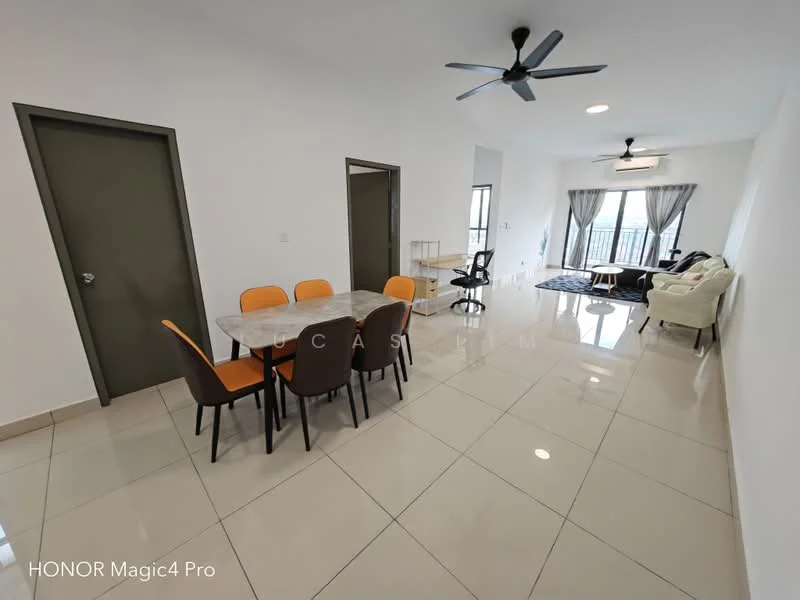 Living features: white painted walls, glossy tile flooring, 5-blade ceiling fan with light, large windows with sheer curtains, sofa in cream color, coffee table, area rug, TV console, wall-mounted TV, dining table with marble top, 4 upholstered dining chairs in orange and brown, study desk, open layout; style: modern; view: city.